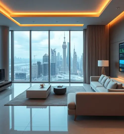 Interior de un apartamento de hotel de lujo de 2026 con vistas al horizonte.