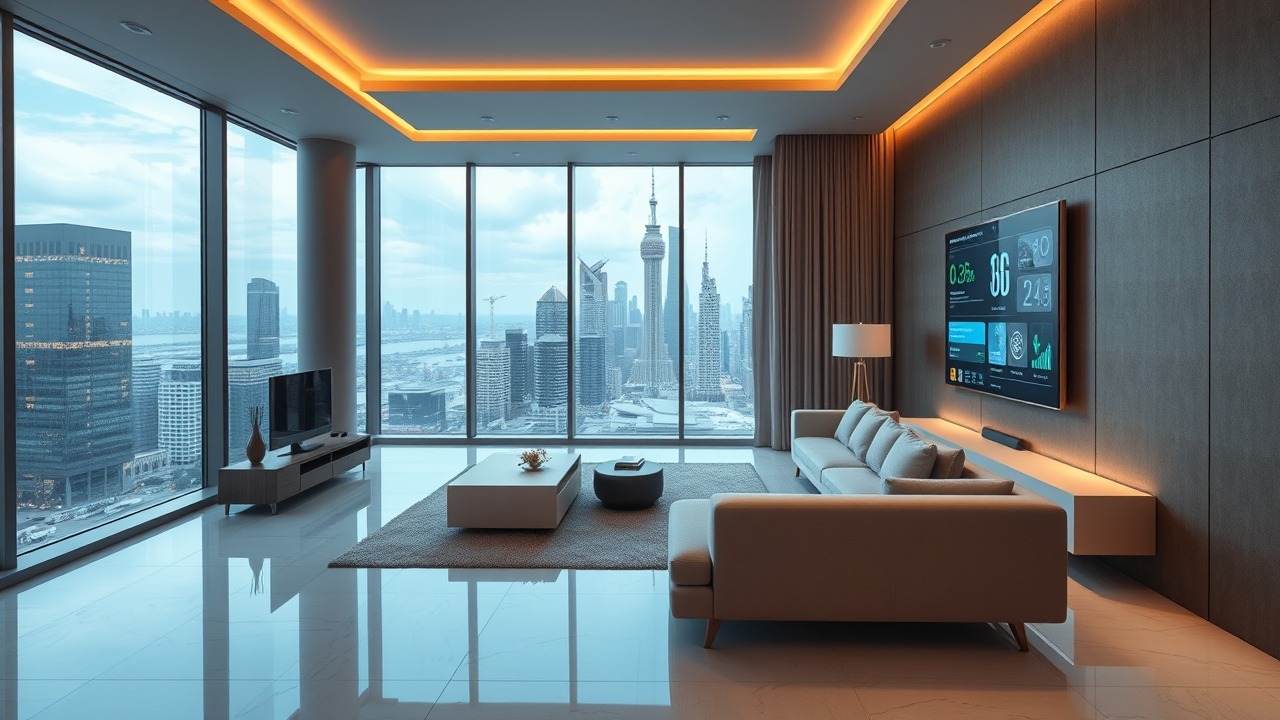 Luxury 2026 hotel apartment interior with skyline view