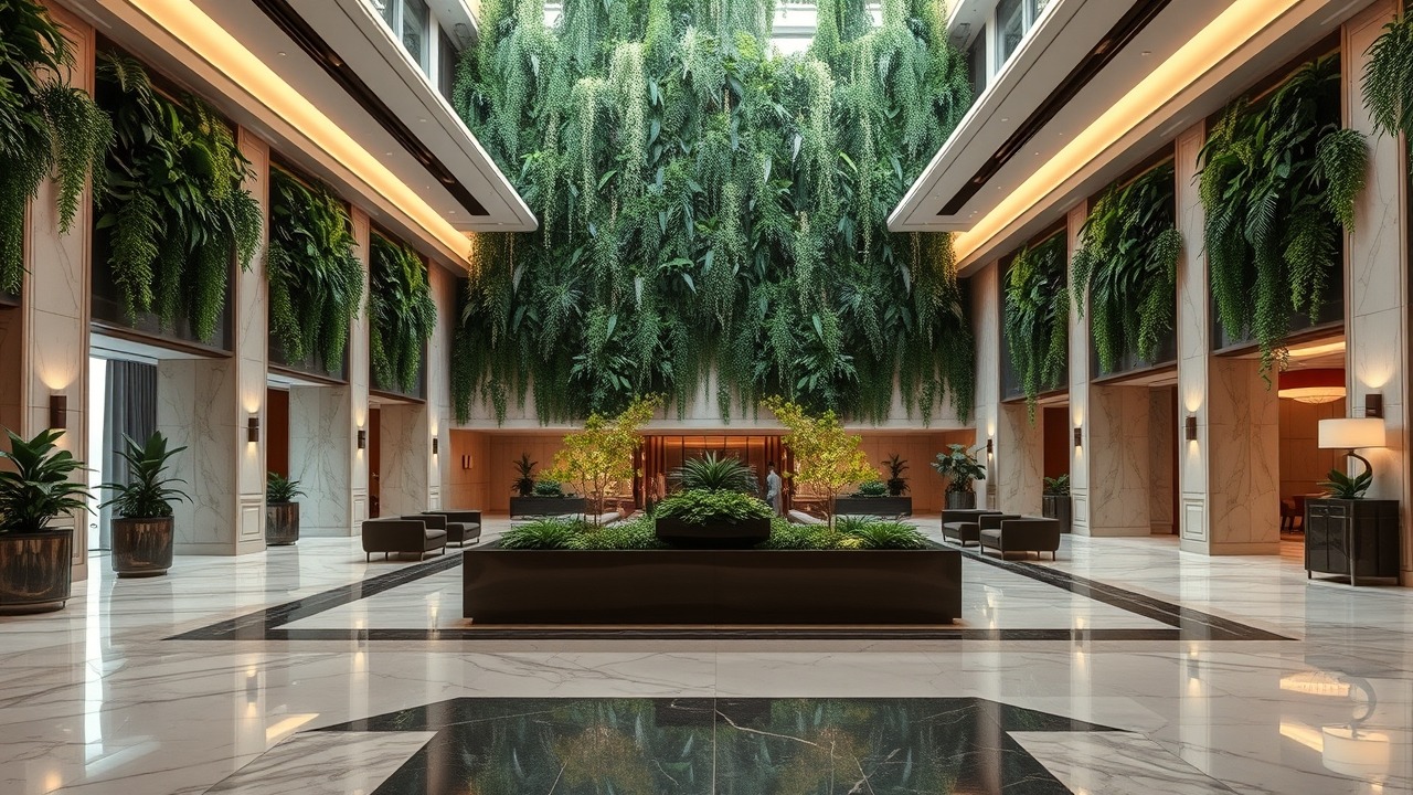 Modern branded residence lobby with vertical gardens