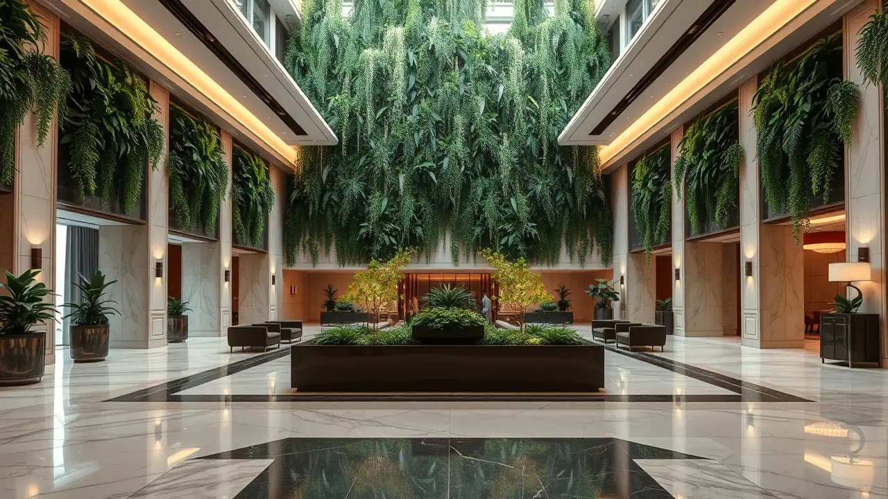 Hall d'entrée moderne d'une résidence de marque avec jardins verticaux