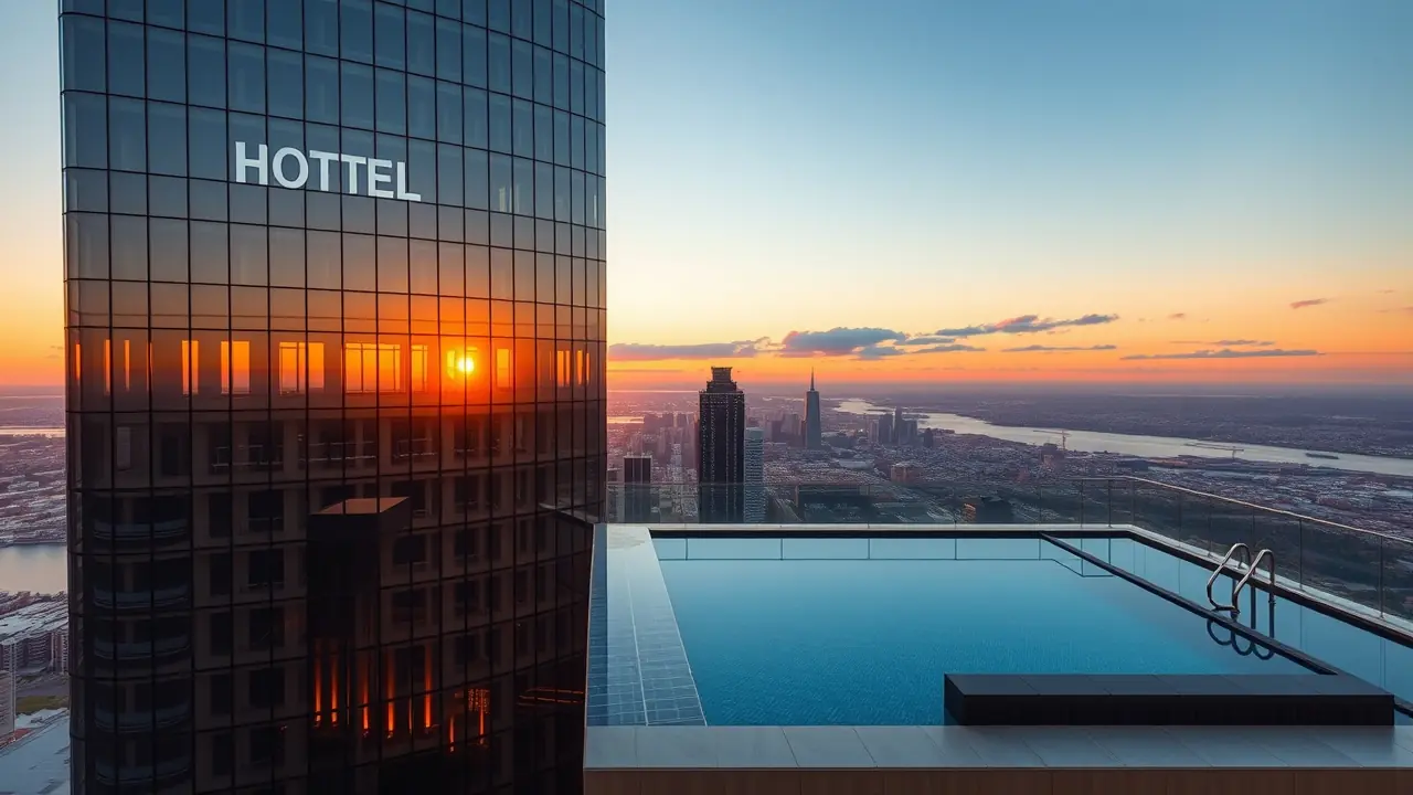 Hôtel gratte-ciel de luxe futuriste avec piscine à débordement