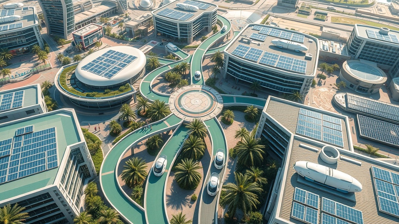 Integrated 15-minute city urban hub aerial view