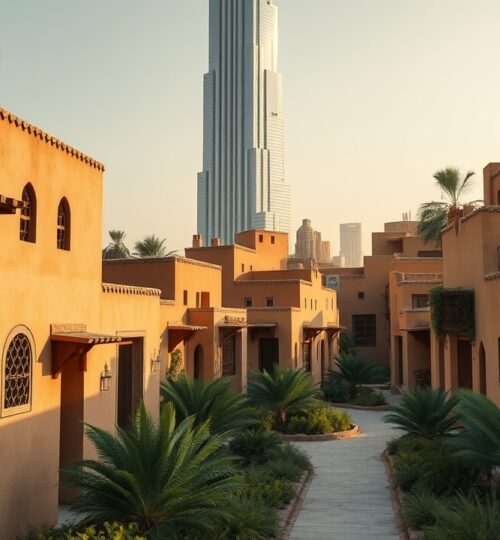Old Town Dubai traditional Arabesque architecture with Burj Khalifa background