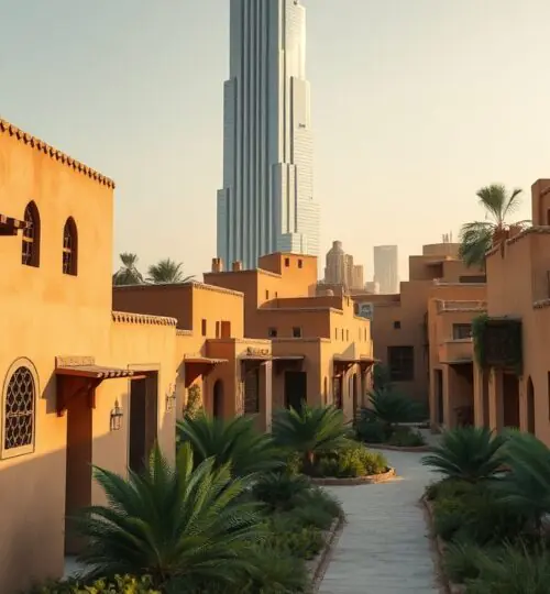 Arquitectura arabesca tradicional del casco antiguo de Dubái con el Burj Khalifa como telón de fondo