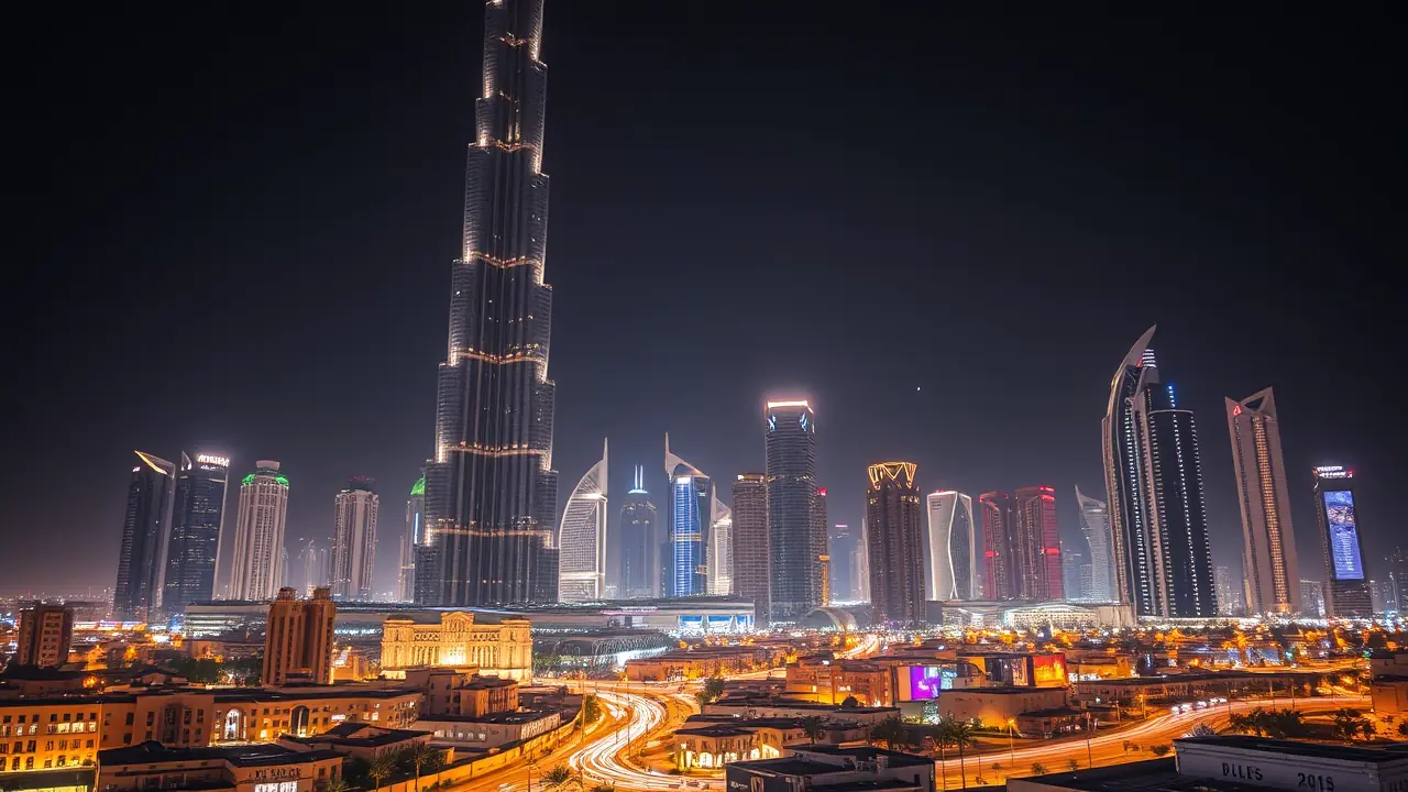 夜幕下的迪拜市中心天际线，建筑风格对比鲜明