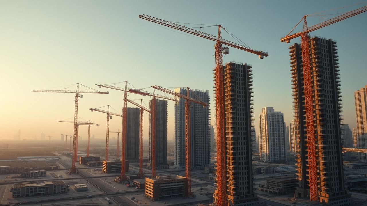 Dubai skyscraper construction site at golden hour