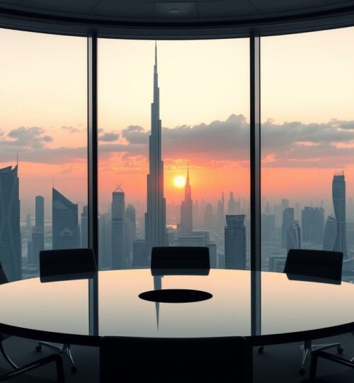 Dubai skyline view from a corporate boardroom