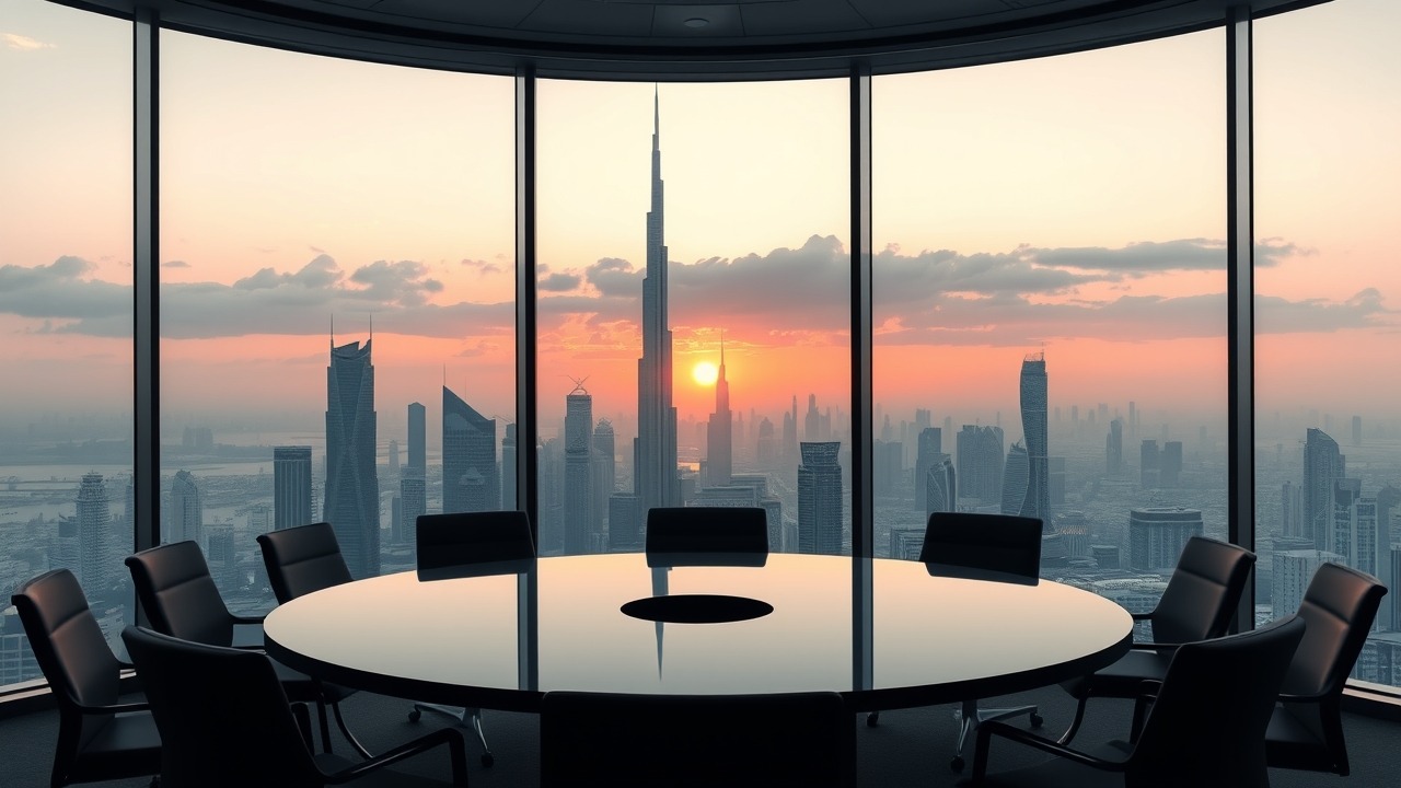Dubai skyline view from a corporate boardroom