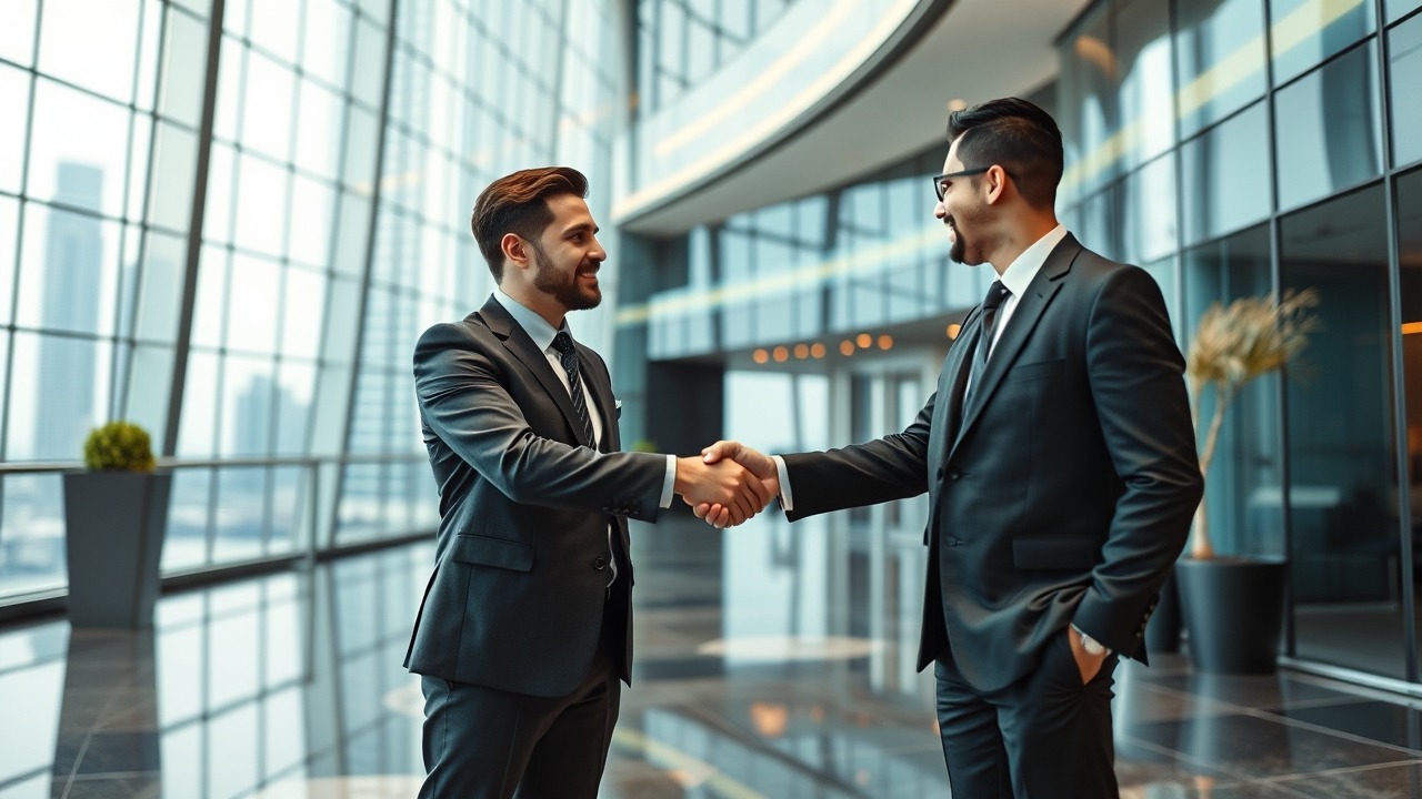 Business handshake in a Dubai skyscraper lobby