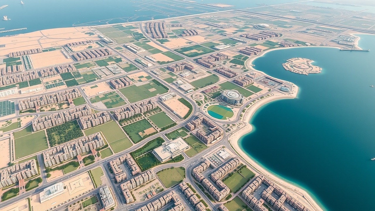 Aerial view of modern Dubai residential developments.
