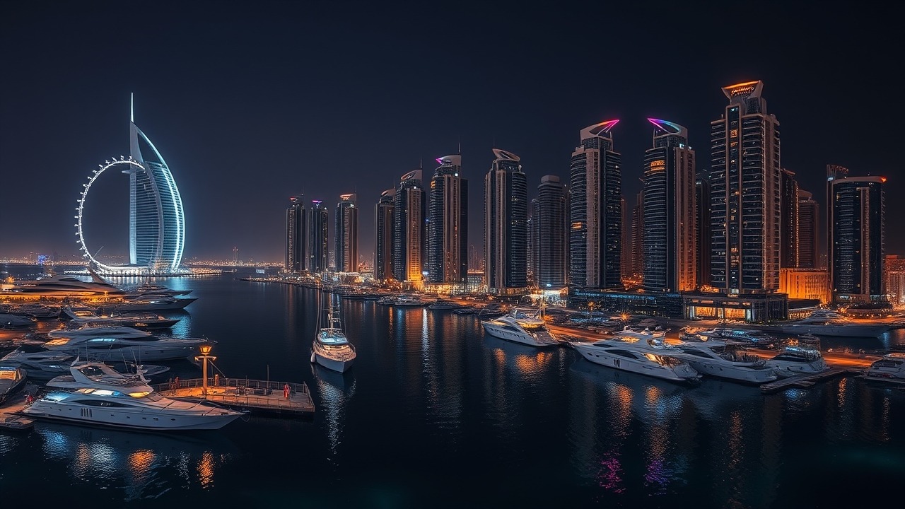 Dubai Marina at night showing luxury lifestyle and investment potential.