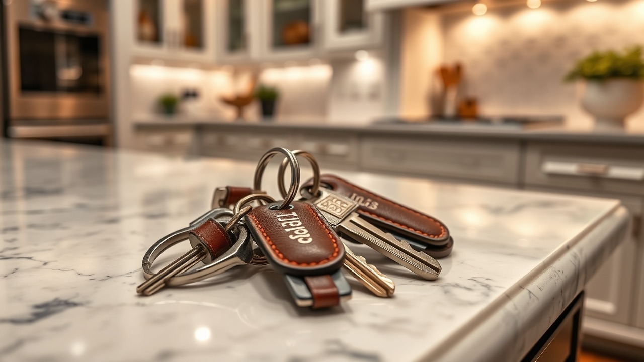 Luxury keys on a kitchen counter symbolizing a successful property flip