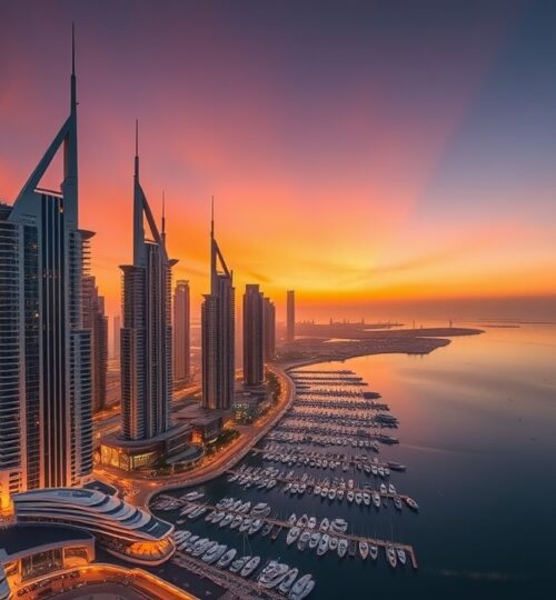 Dubai Marina sunset aerial view