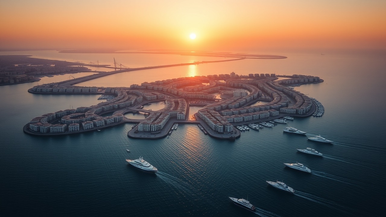 Aerial view of Palm Jumeirah mansions at sunset