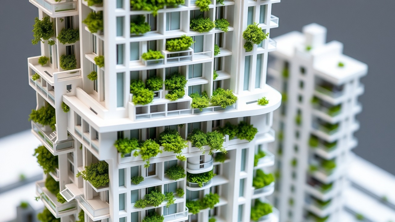 Architectural model of a green residential tower in Dubai