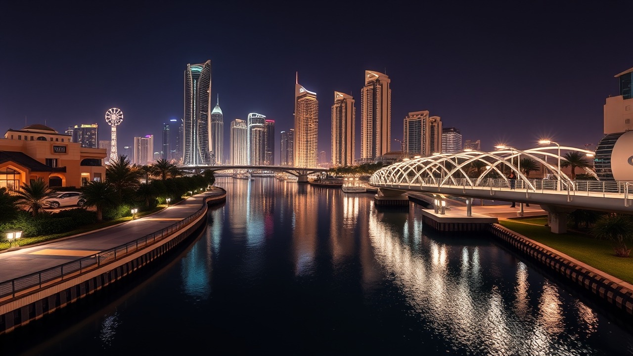 Business Bay canal night view with glowing skyscrapers