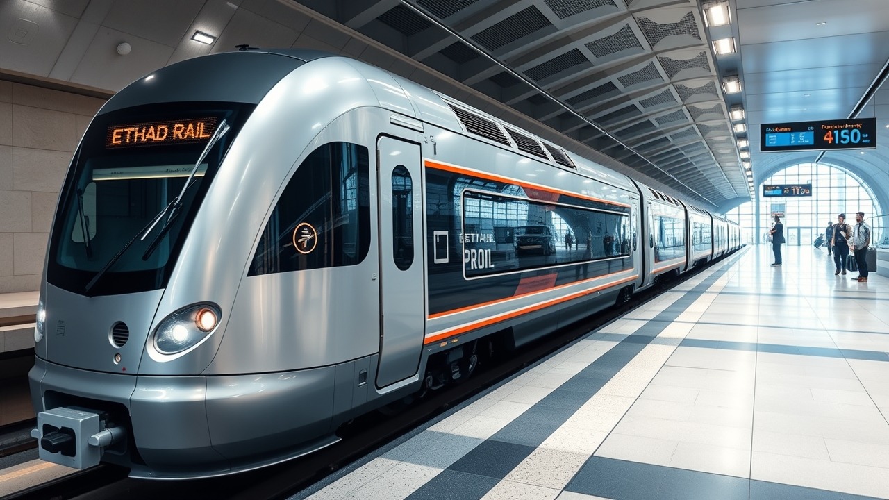 Sleek Etihad Rail passenger train in a Dubai station