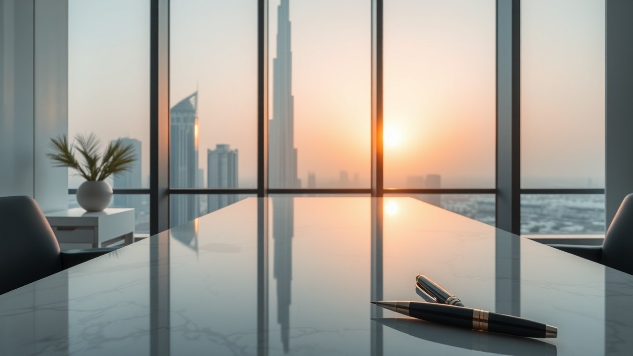 Luxury real estate office in Dubai overlooking Burj Khalifa