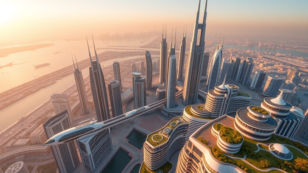 Futuristic Dubai Business Bay skyline 2026