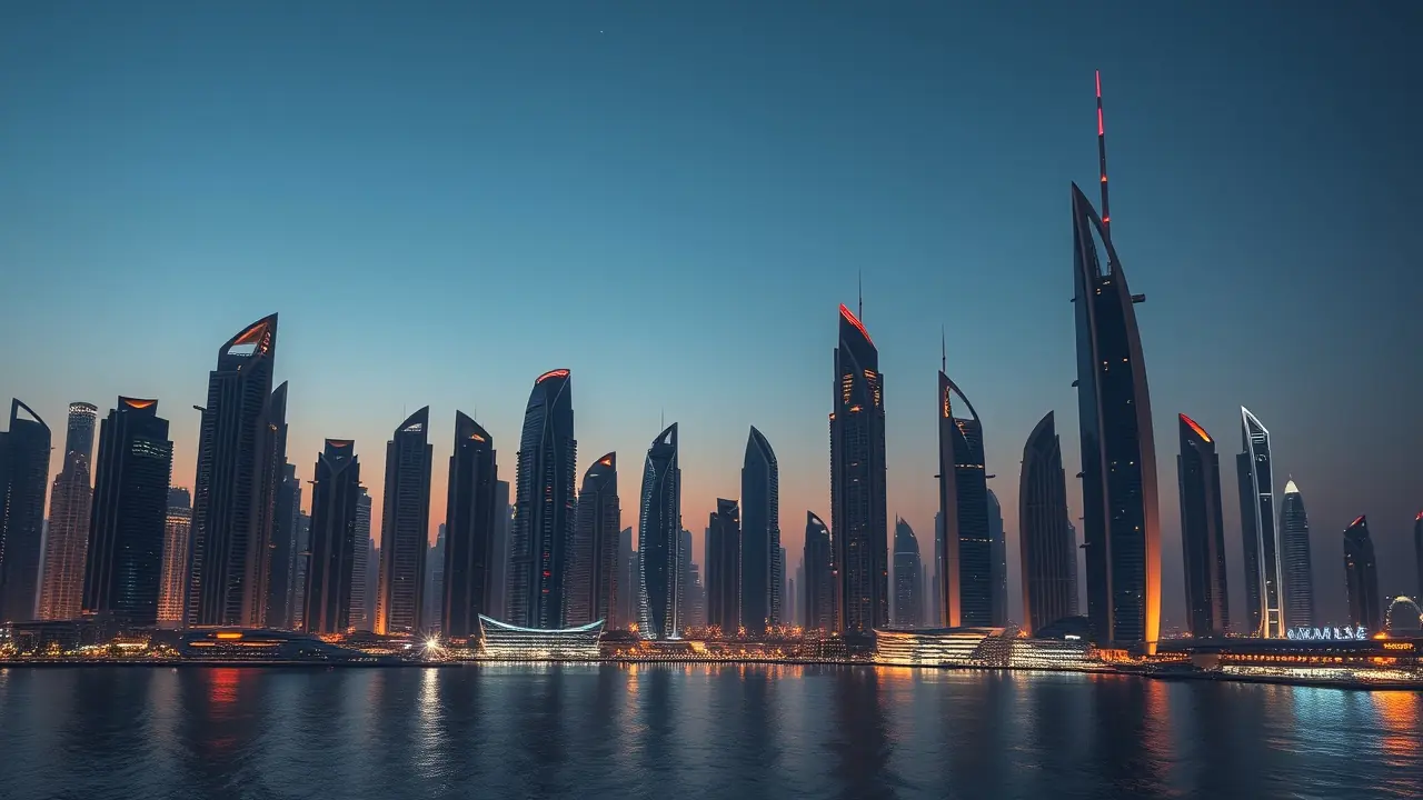 Horizonte de Dubai Marina 2026 al anochecer