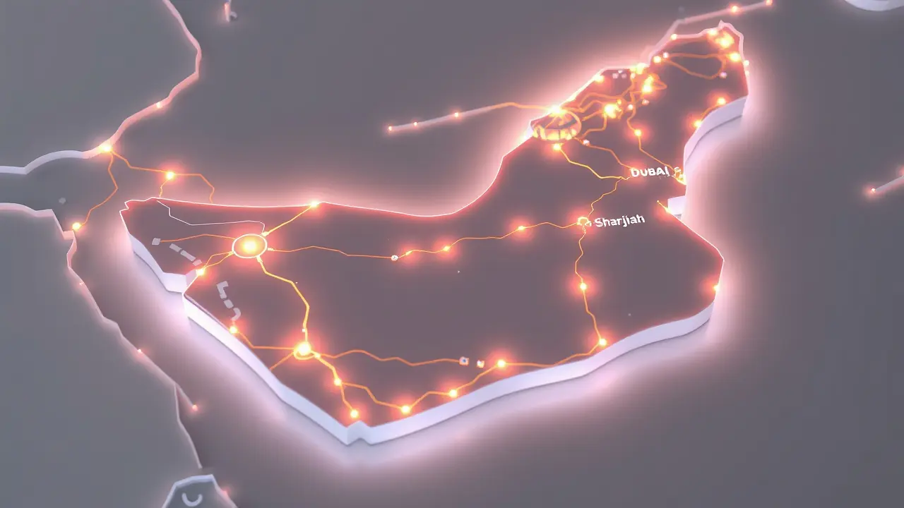Mapa estilizado de los centros de alquiler de Dubái y Sharjah