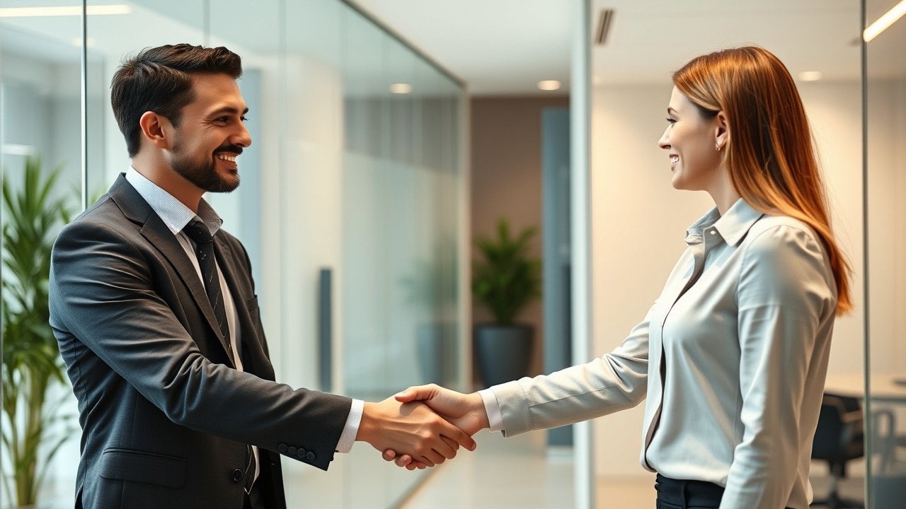 Real estate handshake in a modern Dubai office