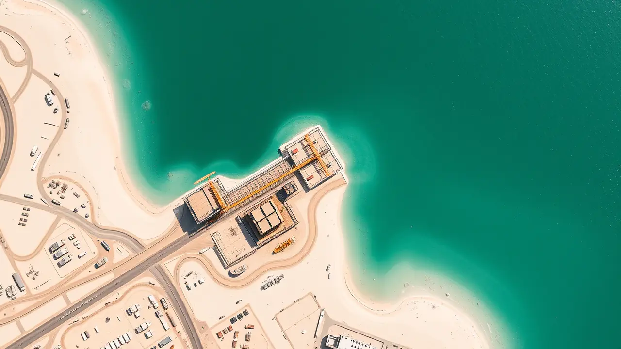 Vue aérienne de l'état d'avancement des travaux de construction de Palm Jebel Ali en 2026