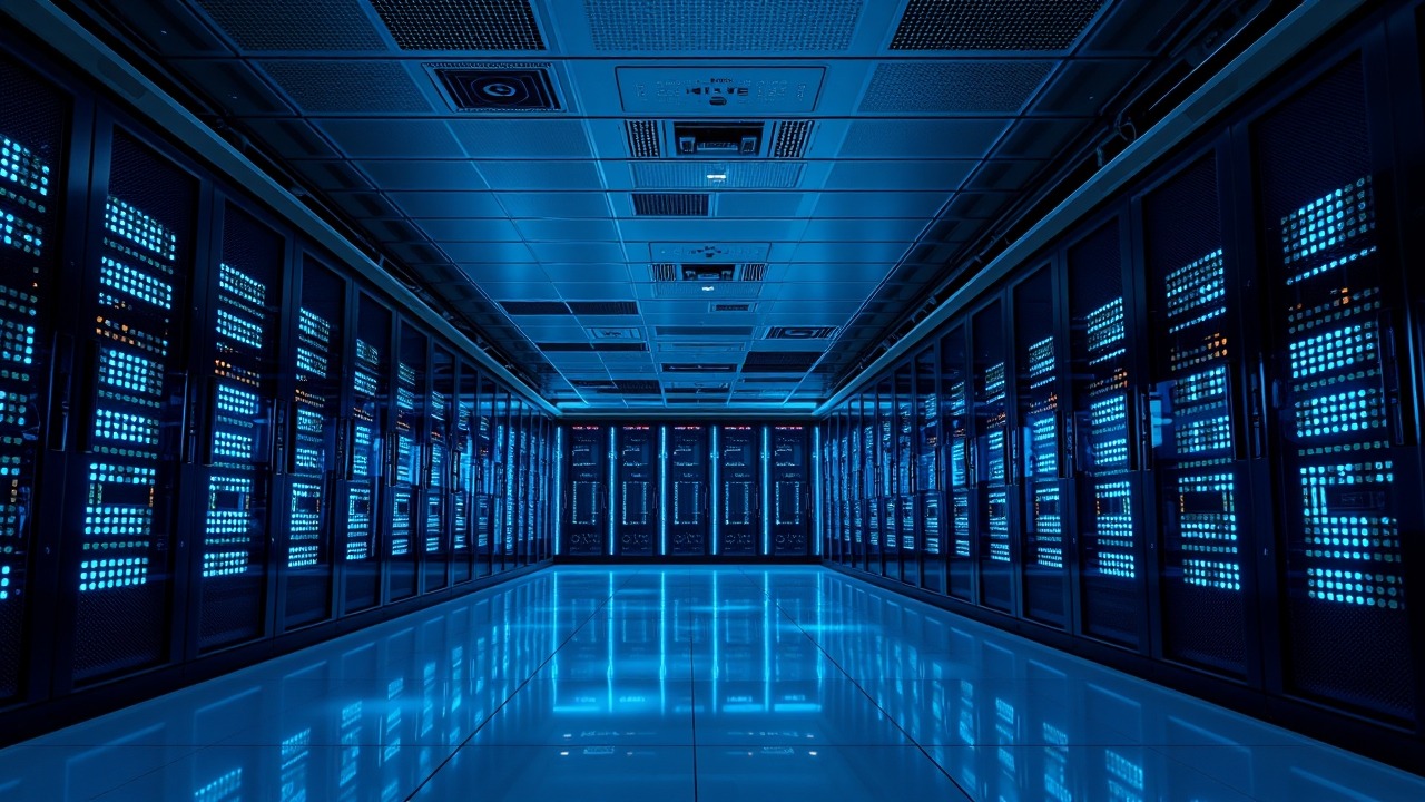 Modern server room with blue LED lighting