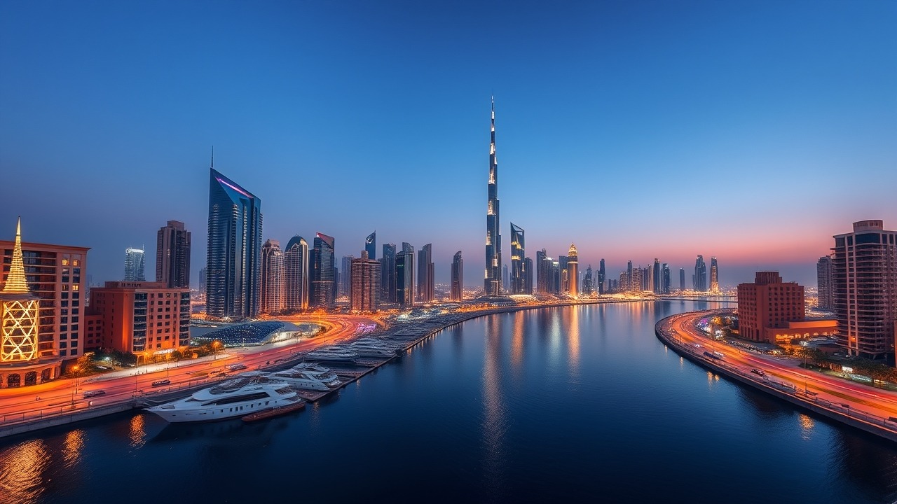 Dubai skyline and canal at night