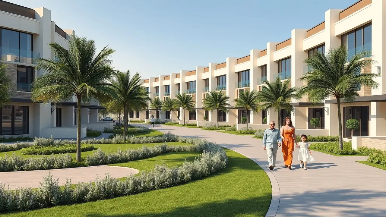 Moderne Reihenhaussiedlung in Dubai 2026 mit Grünflächen