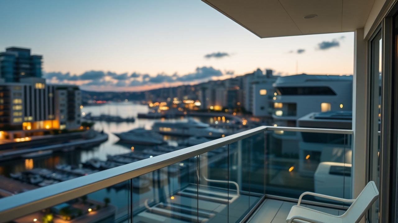 Luxury apartment balcony with marina view in Dubai