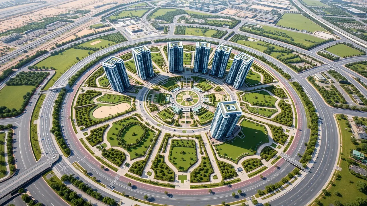 Вид с воздуха на генеральный план развития жилого комплекса Jumeirah Village Circle (JVC) до 2026 года.