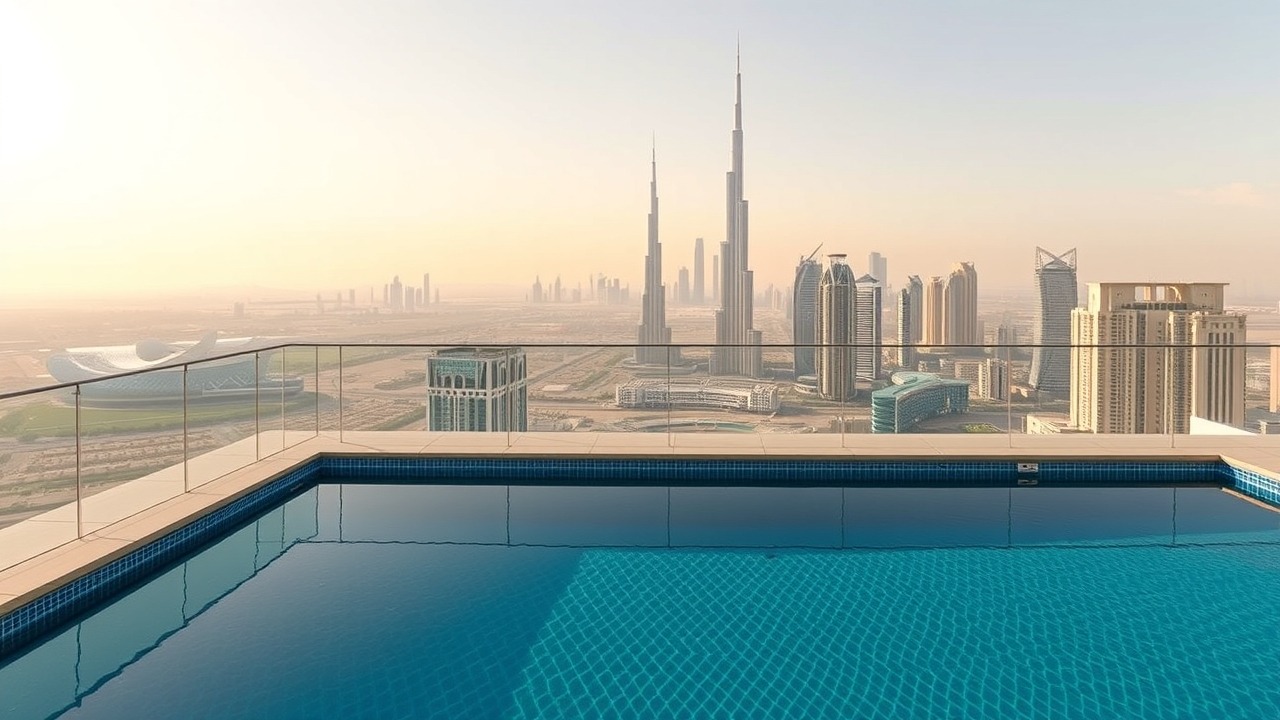 Rooftop pool and skyline view from a JVC residence
