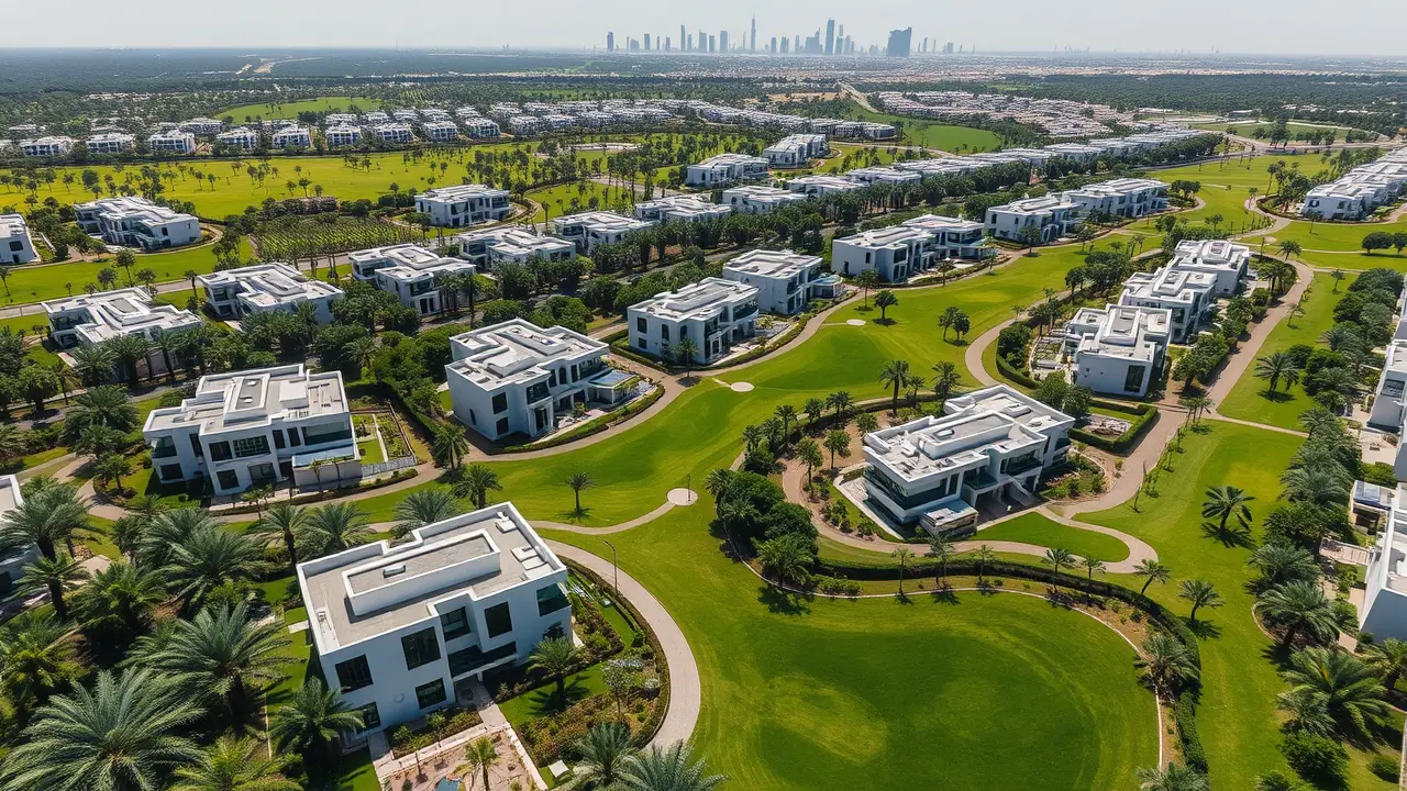 Vista aérea de las propiedades listas para construir en Dubai Hills Estate y el parque comunitario.