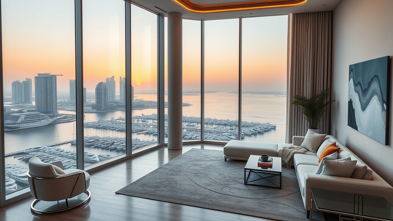 Modern Dubai apartment interior with marina view