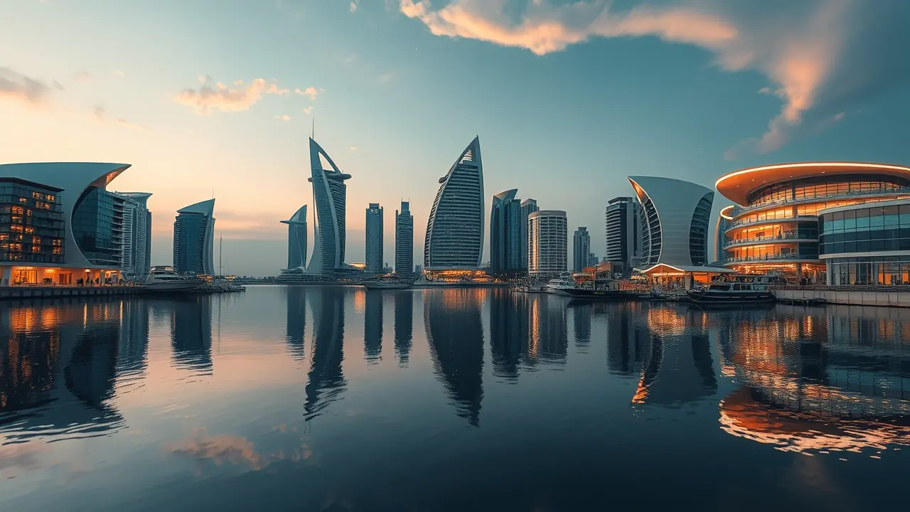 المشهد المعماري لميناء خور دبي عند الفجر