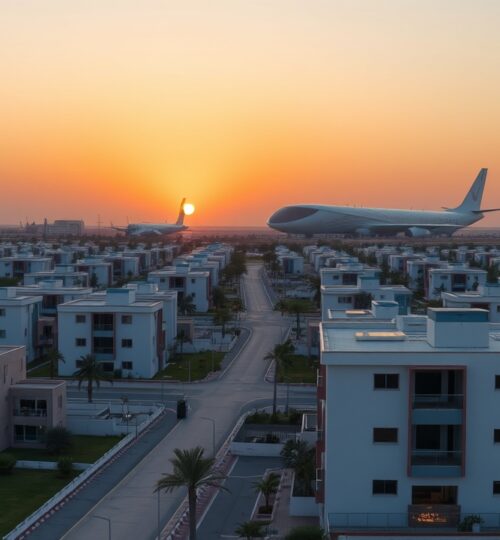 Dubai South residential area near Al Maktoum Airport at sunset