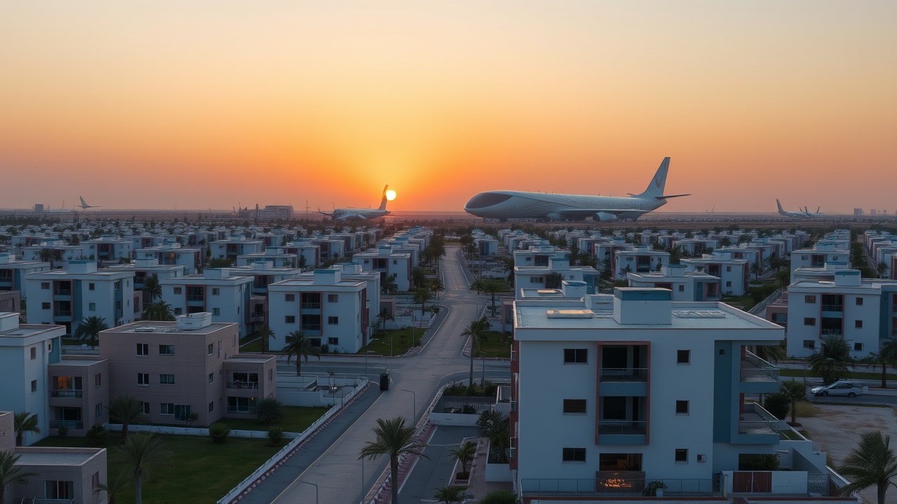 Dubai South residential area near Al Maktoum Airport at sunset