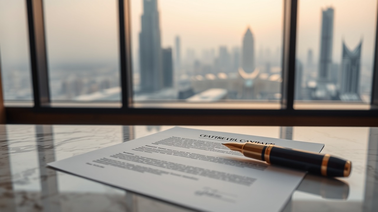 Dubai real estate investment contract and skyline view