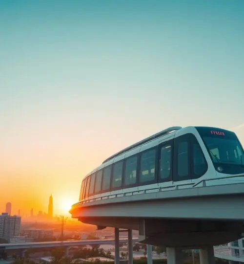 Estación de metro futurista de la Línea Azul de Dubái al atardecer
