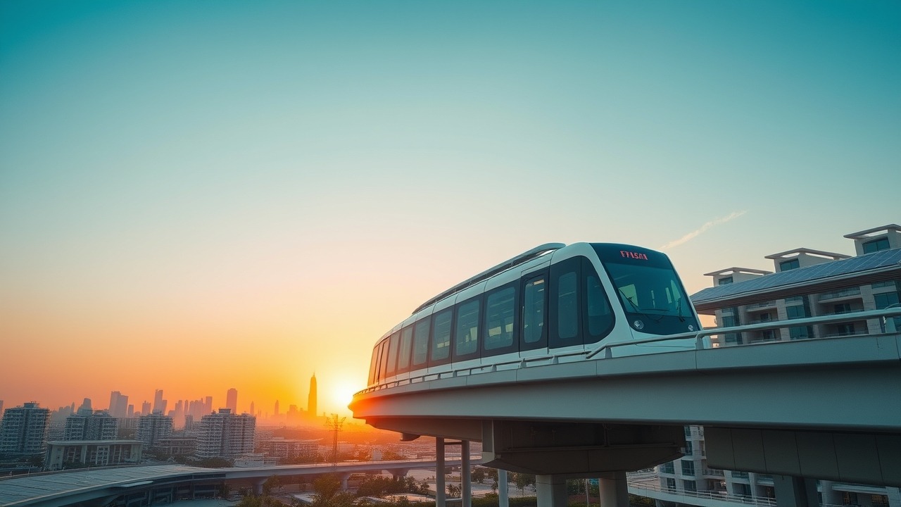 Futuristic Dubai Blue Line metro station at sunset