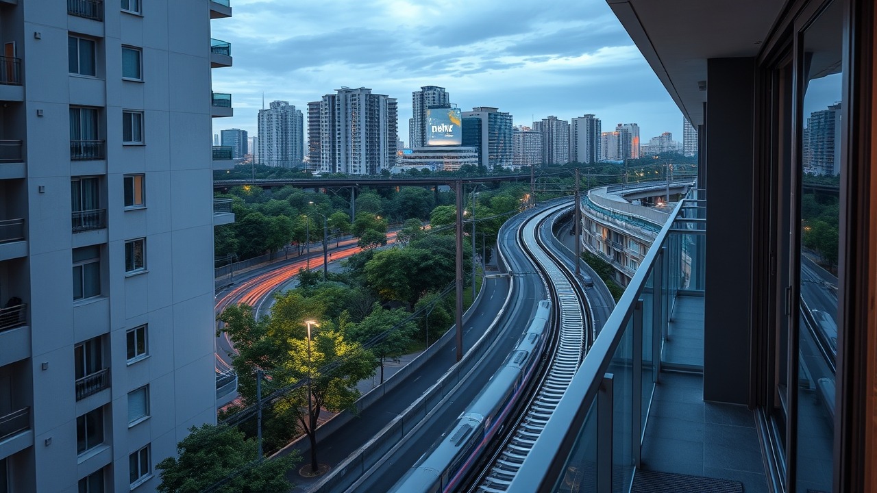 Modern apartment balcony view of metro transit corridor