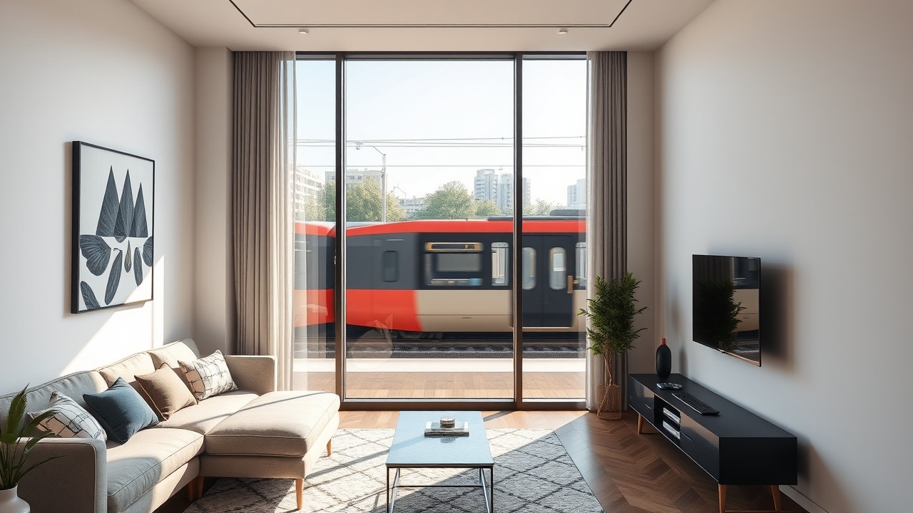Luxury apartment interior with metro view