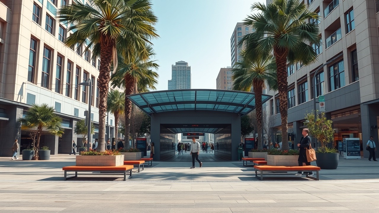 Modern urban plaza and metro entrance in Dubai