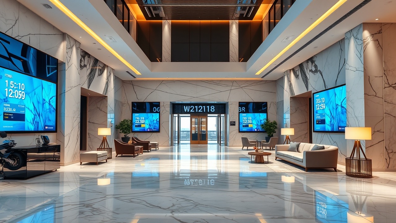 Luxury residential lobby near Dubai Blue Line metro