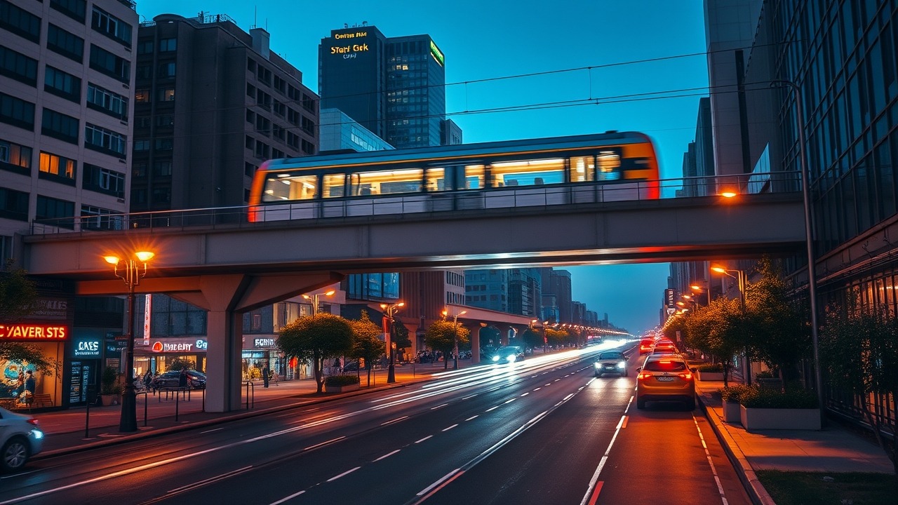 Night view of elevated metro track in a residential area