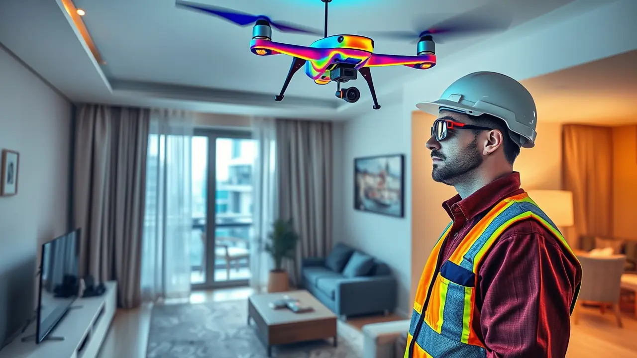 Inspector profesional que utiliza un dron térmico para detectar defectos en la propiedad.