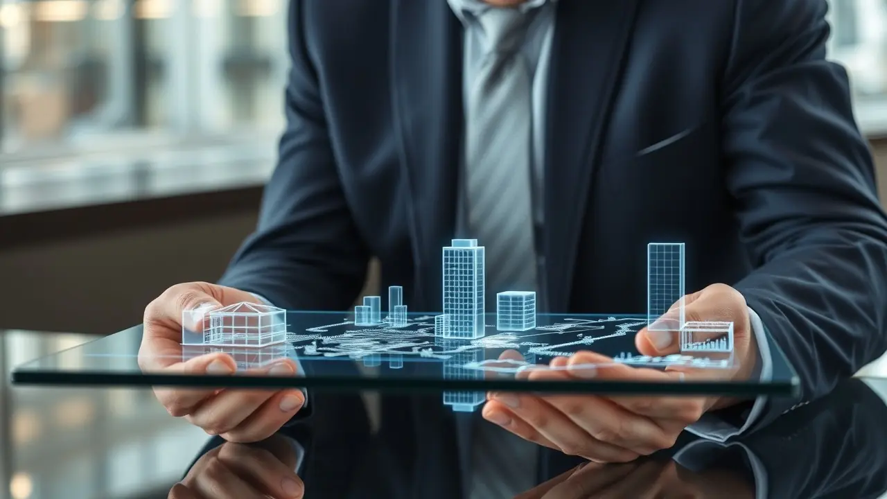 Inversor analizando un mapa holográfico 3D de un proyecto inmobiliario.