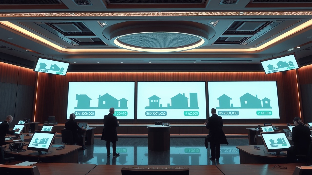 Sophisticated property auction room with digital bid tracking