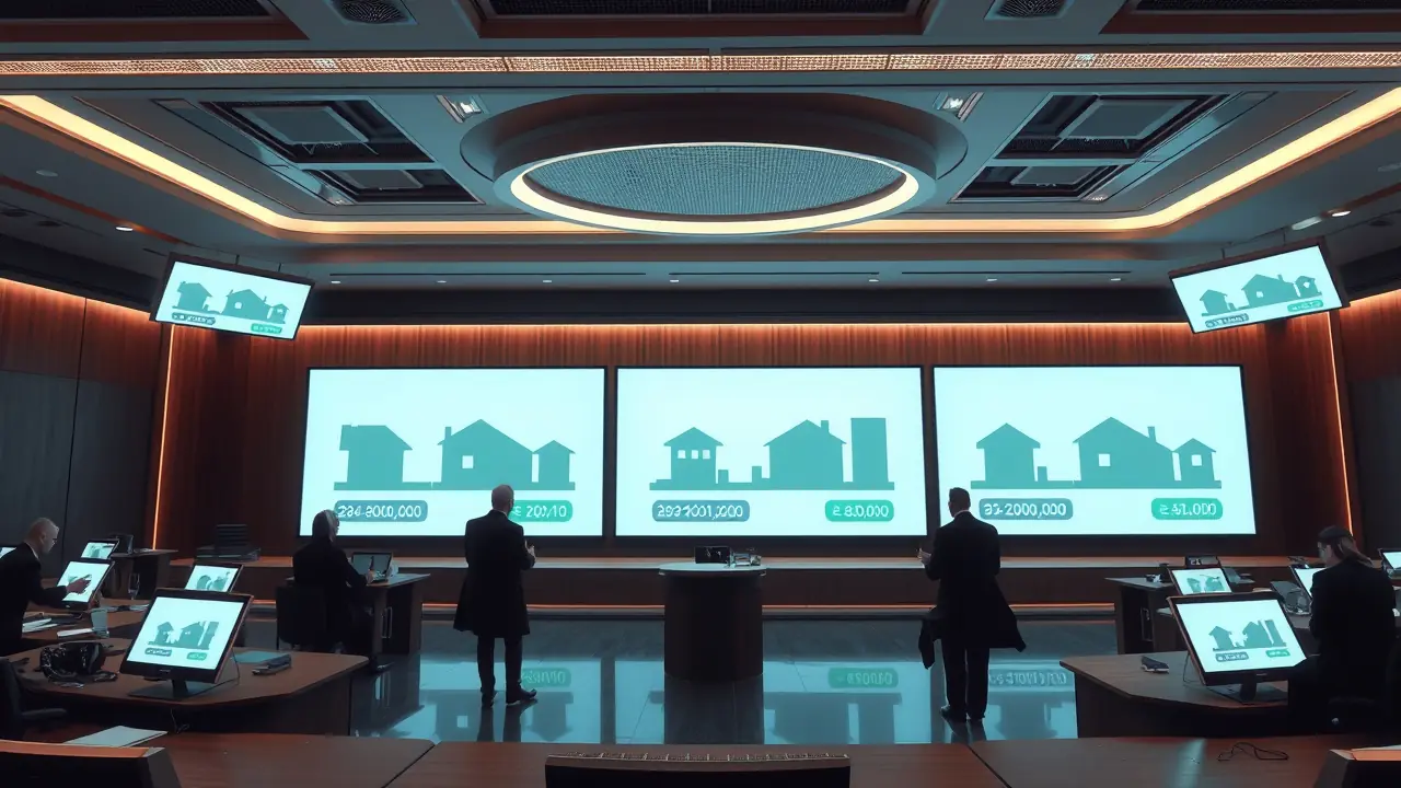 Sala de subastas inmobiliarias sofisticada con seguimiento digital de pujas.